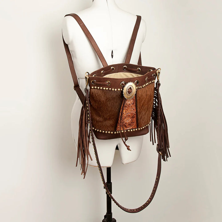 Leather Bucket Backpack with Fringe