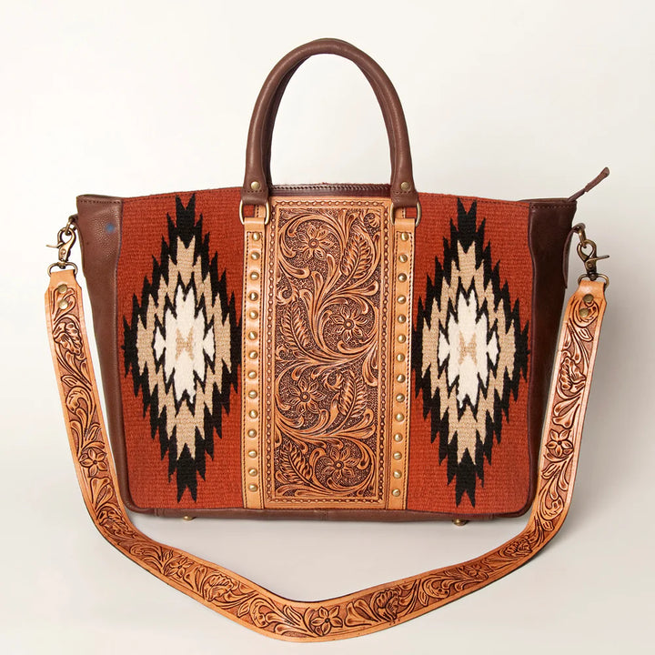 Wool Saddle Blanket Leather Tote w/Shoulder Strap