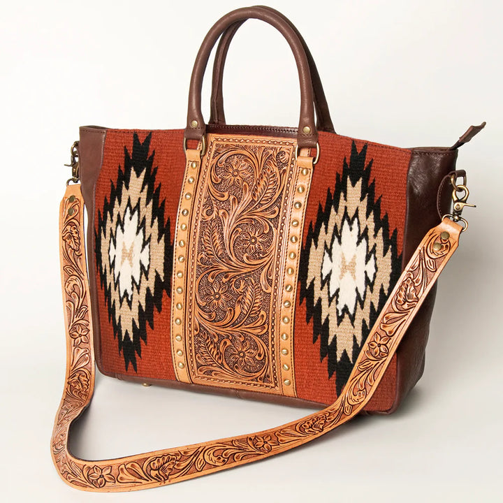 Wool Saddle Blanket Leather Tote w/Shoulder Strap