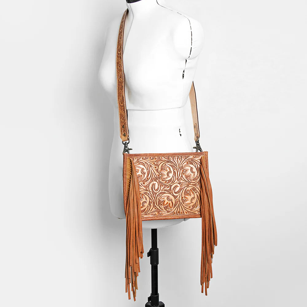 Tooled Leather Fringe Crossbody