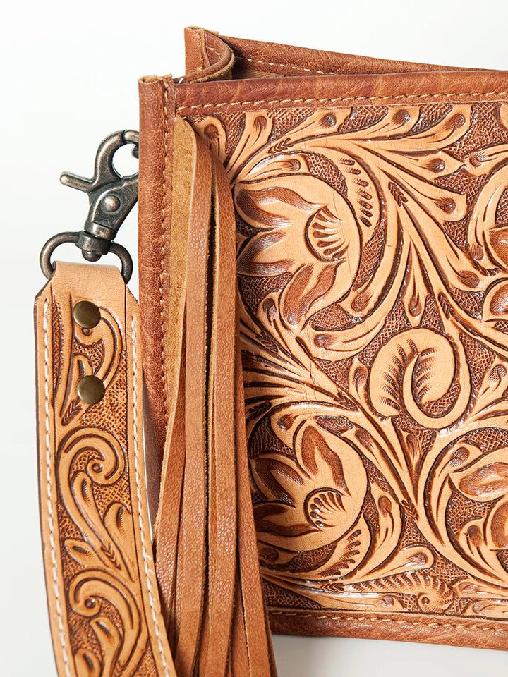 Tooled Leather Fringe Crossbody