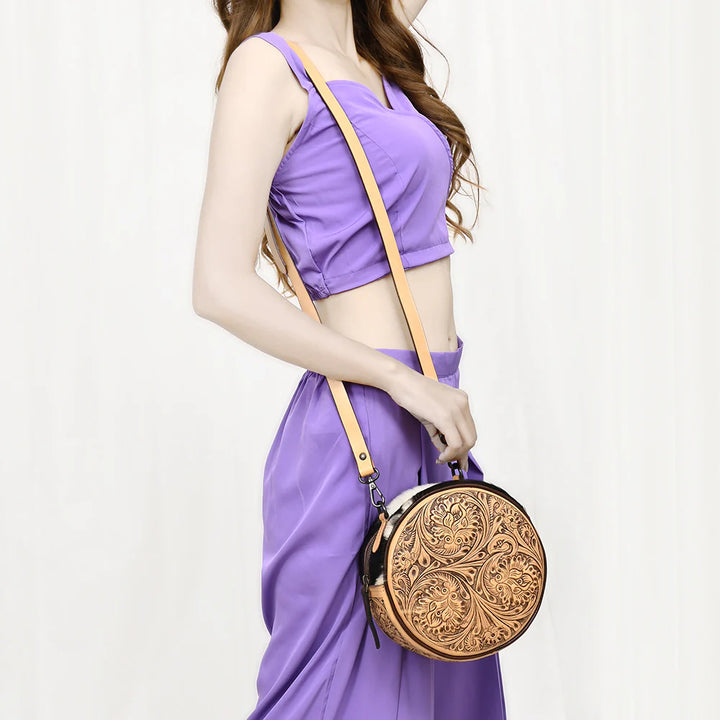 Round Tooled-Leather Shoulder Bag