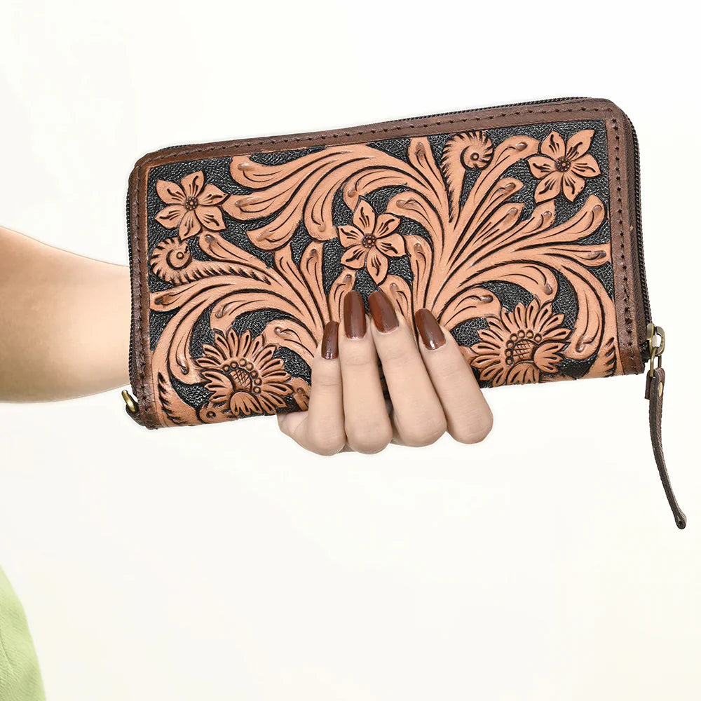 Olay Floral Tooled Leather Wallet Wristlet