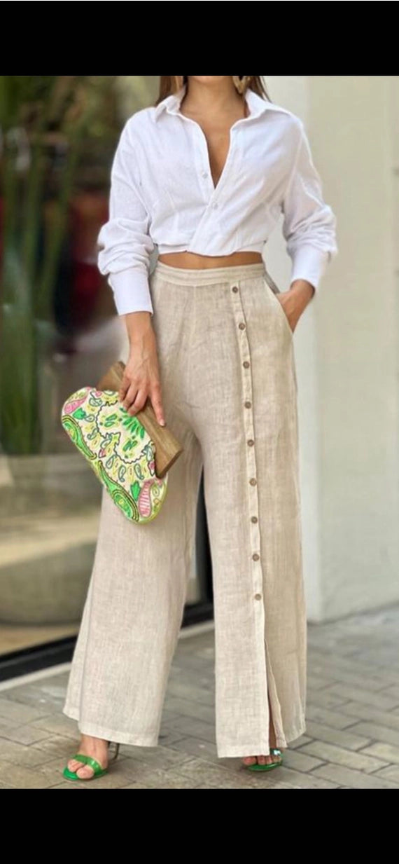 100% Linen Straight Buttoned Trousers – Italian Made