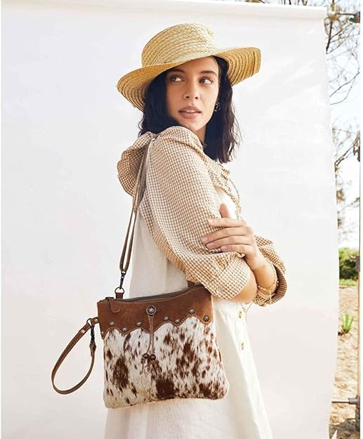 Cowhide Crossbody Bag with Wristlet Strap