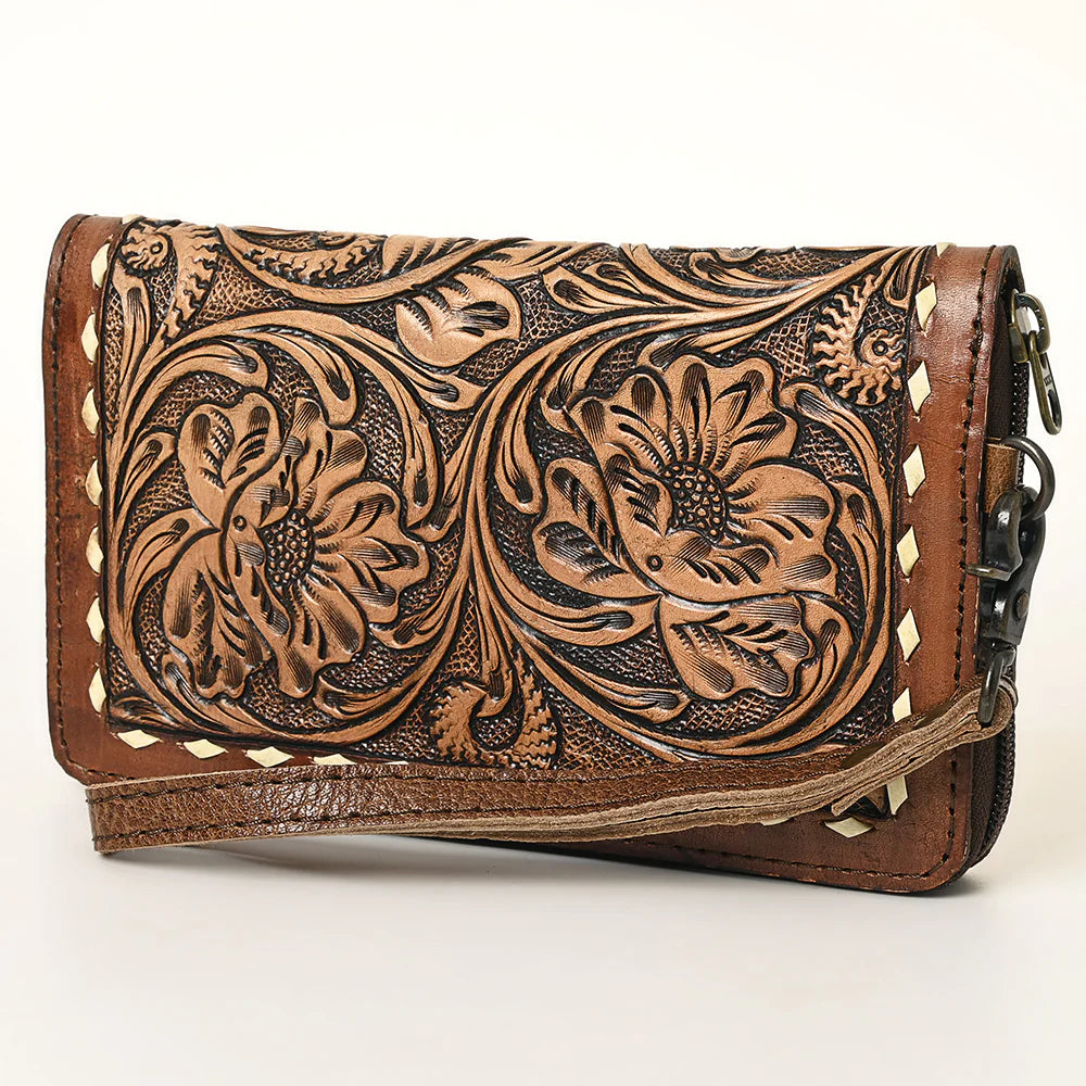 Tooled Leather Wallet Crossbody w/Wristlet