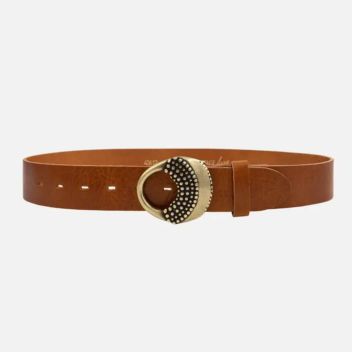 Crista Sculptural Gold Buckle Leather Belt — Cognac