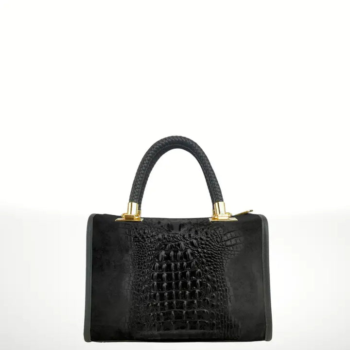Front view of a handcrafted Italian artisan suede leather handbag with shoulder strap, made in Italy.