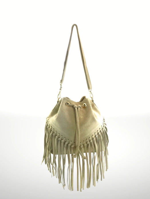 Italian Leather Bucket Fringe Shoulder Bag - BELLISIMA HANDBAGS USA