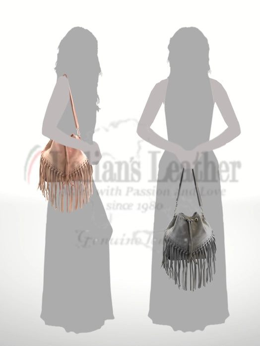 Italian Leather Bucket Fringe Shoulder Bag - BELLISIMA HANDBAGS USA