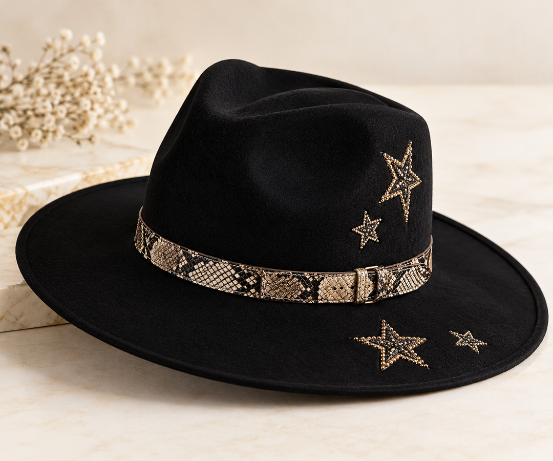 Giovannio Black Wool Fedora Hat — Star Detail Wide Brim Hat