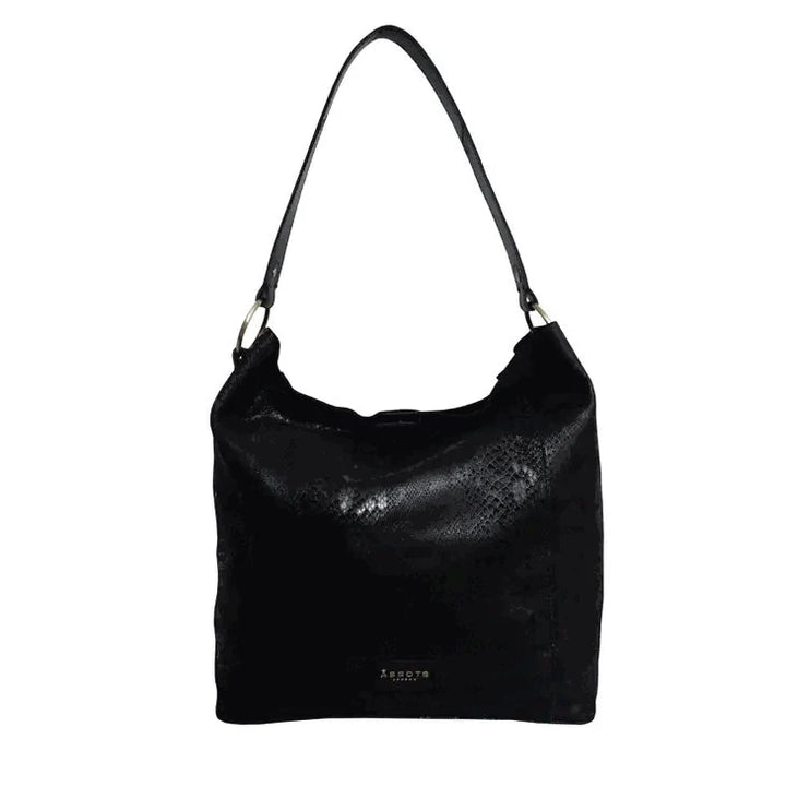 Black python-embossed genuine leather slouchy hobo bag with shoulder strap and gold-tone hardware.