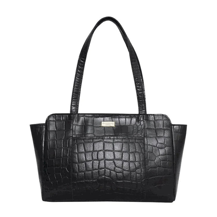 Black textured genuine leather shoulder bag with structured shape and zip-top closure.