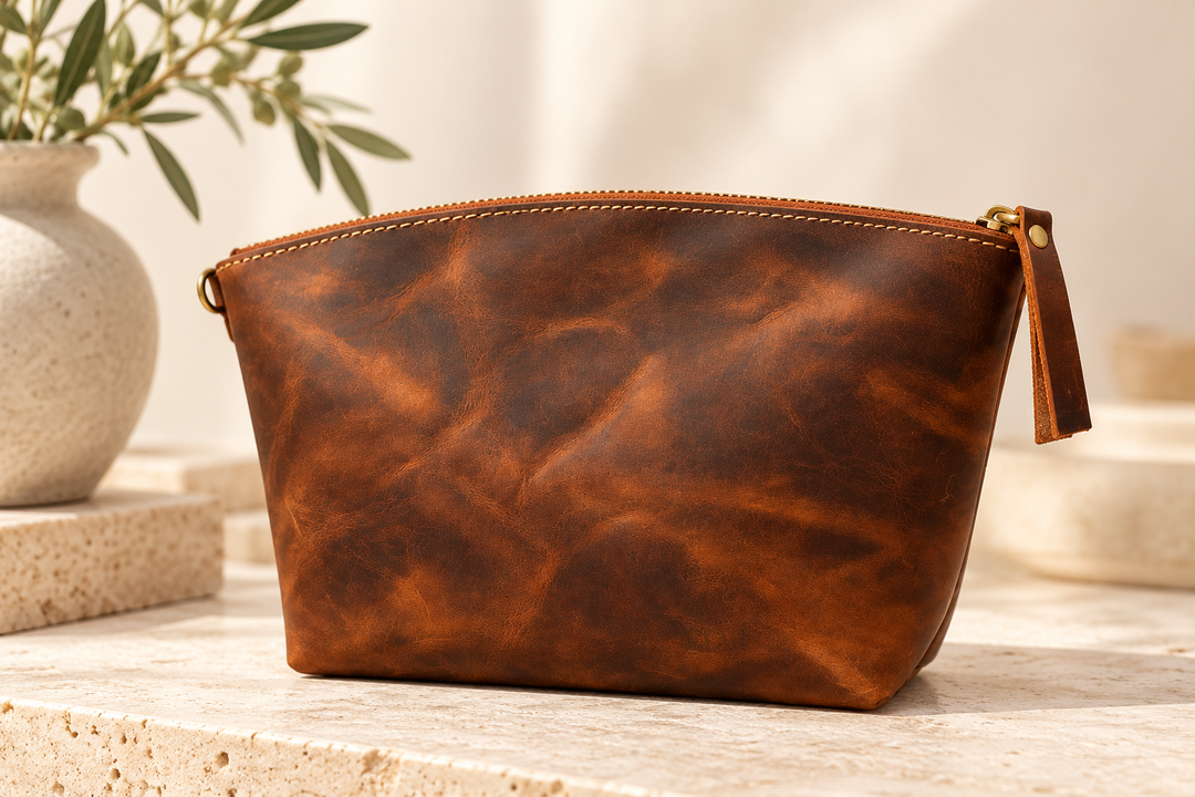 Distressed brown leather cosmetic bag with natural vintage patina, brass zipper and leather pull tab.