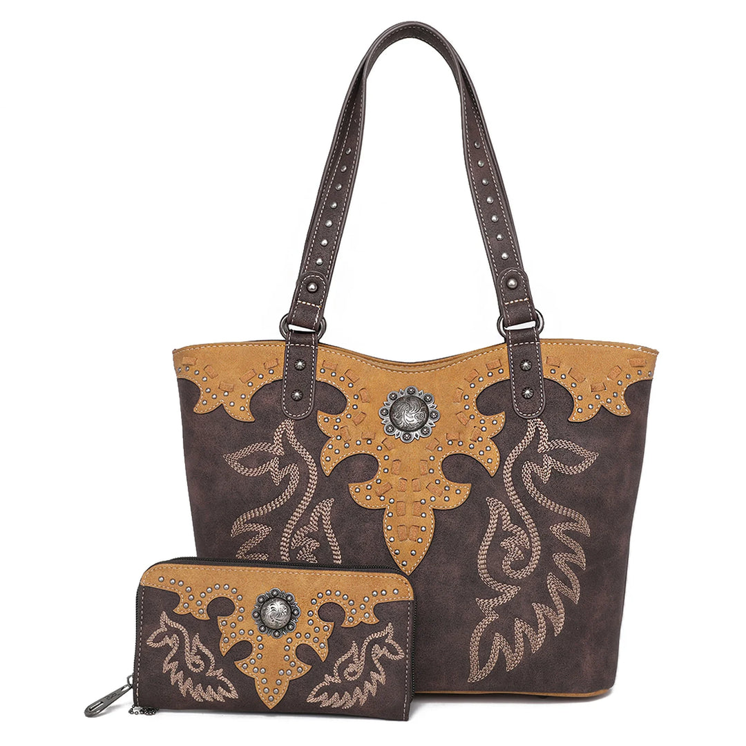 Embroidered Concealed Carry Shoulder Bag Tote - BELLISIMA HANDBAGS USA