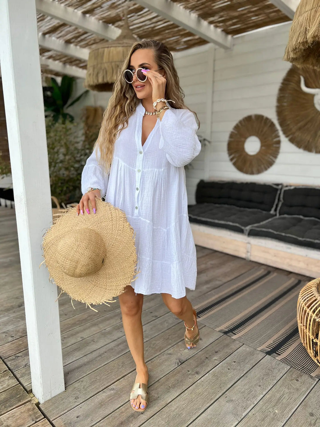 Italian Cotton Gauze Dress-3/4 Sleeve