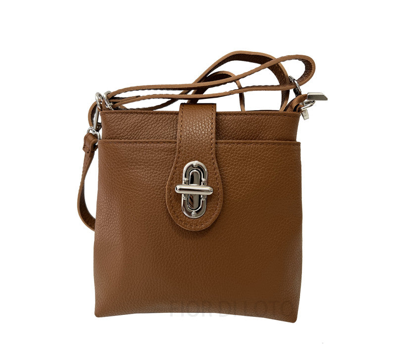 Fior di Loto Noruena Italian leather crossbody messenger bag in natural brown, front view