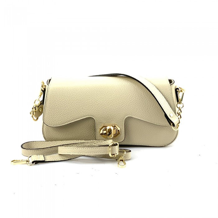 Luxury Small Italian Leather Beige Shoulder Bag Front View