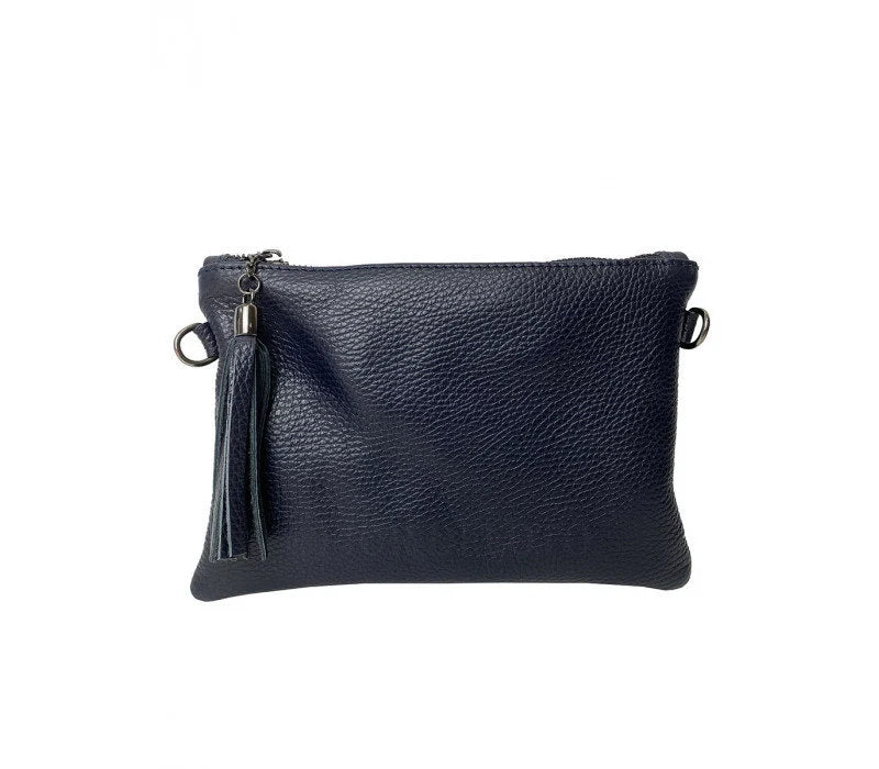 Black Italian Leather Shoulder Bag with Wristlet Strap front view