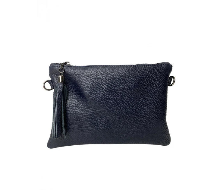 Black Italian Leather Shoulder Bag with Wristlet Strap front view