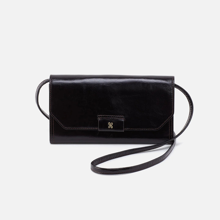 Front view of HOBO Romy Wallet Crossbody in black leather with zip closure
