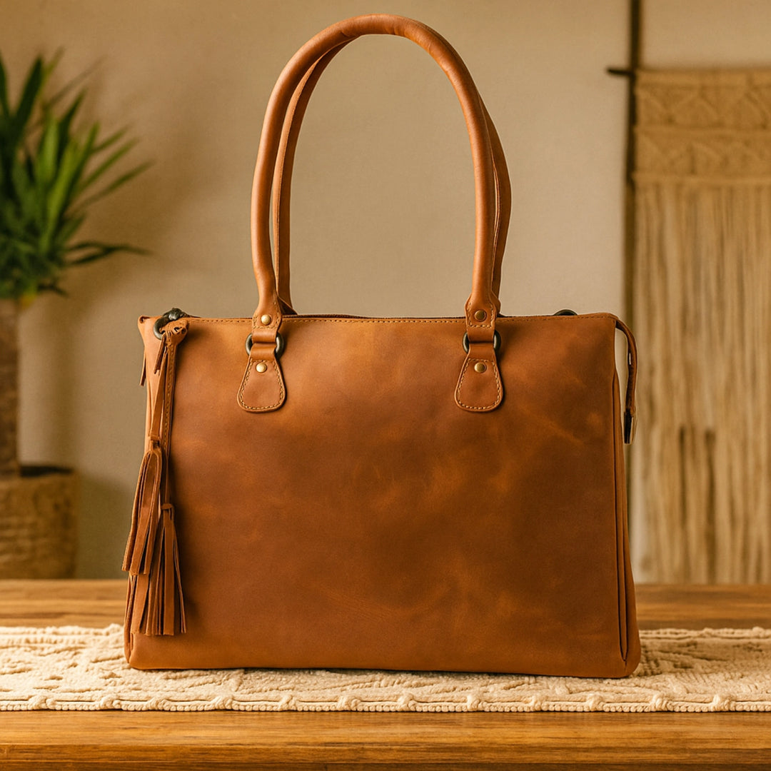 Front view picture of large saddle brown leather handbag – Hides Leather #8816-D