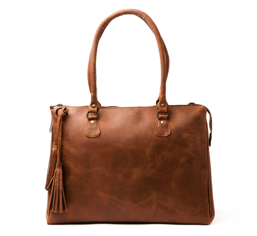 Front view of large saddle brown leather handbag – Hides Leather #8816-D