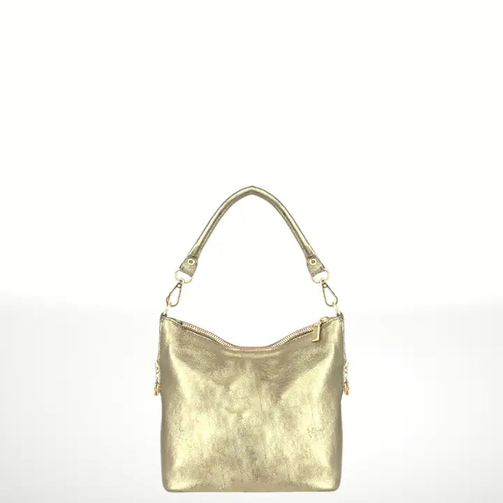 Istelia convertible Italian leather bag in platinum, front view, made in Italy