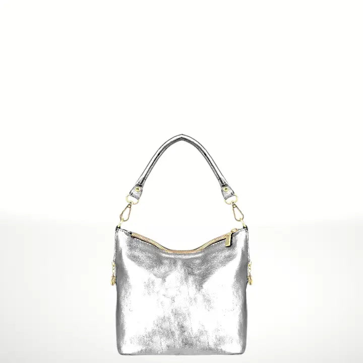 Istelia convertible Italian leather bag in silver, front view, made in Italy