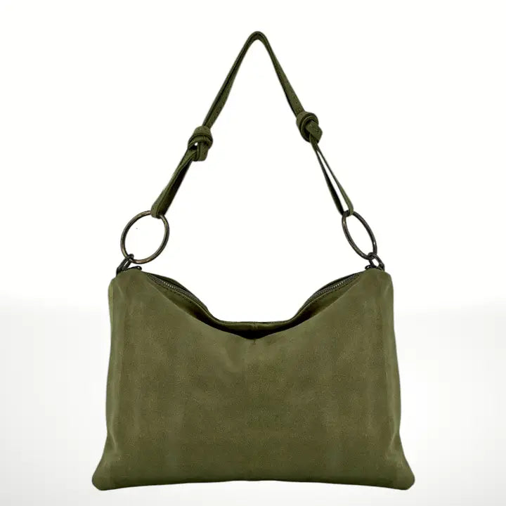Giada Italian suede leather hobo bag, olive green,  front view, made in Italy