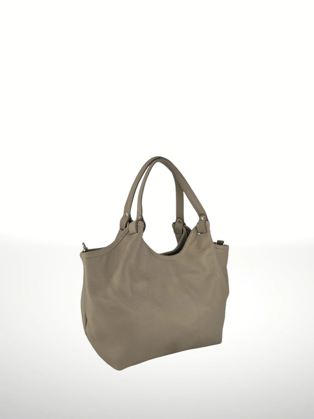 Kelli Italian pebbled leather handbag in taupe with structured silhouette and double handles