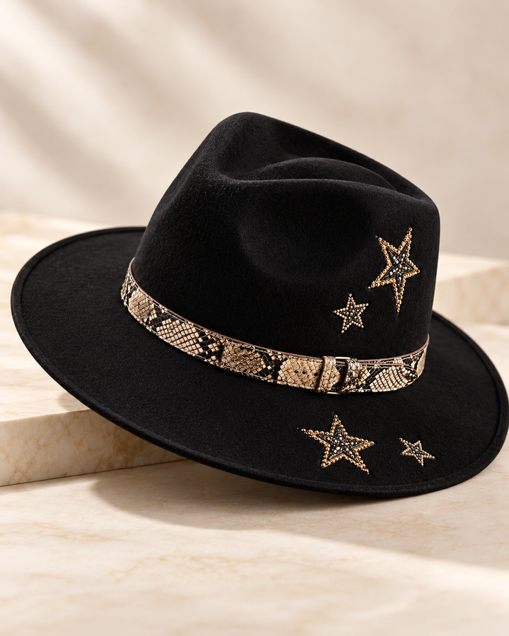 Giovannio Black Wool Fedora Hat — Star Detail Wide Brim Hat