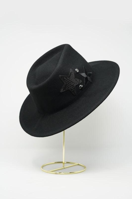 Giovannio Black Wool Fedora Hat — Star Detail Wide Brim Hat