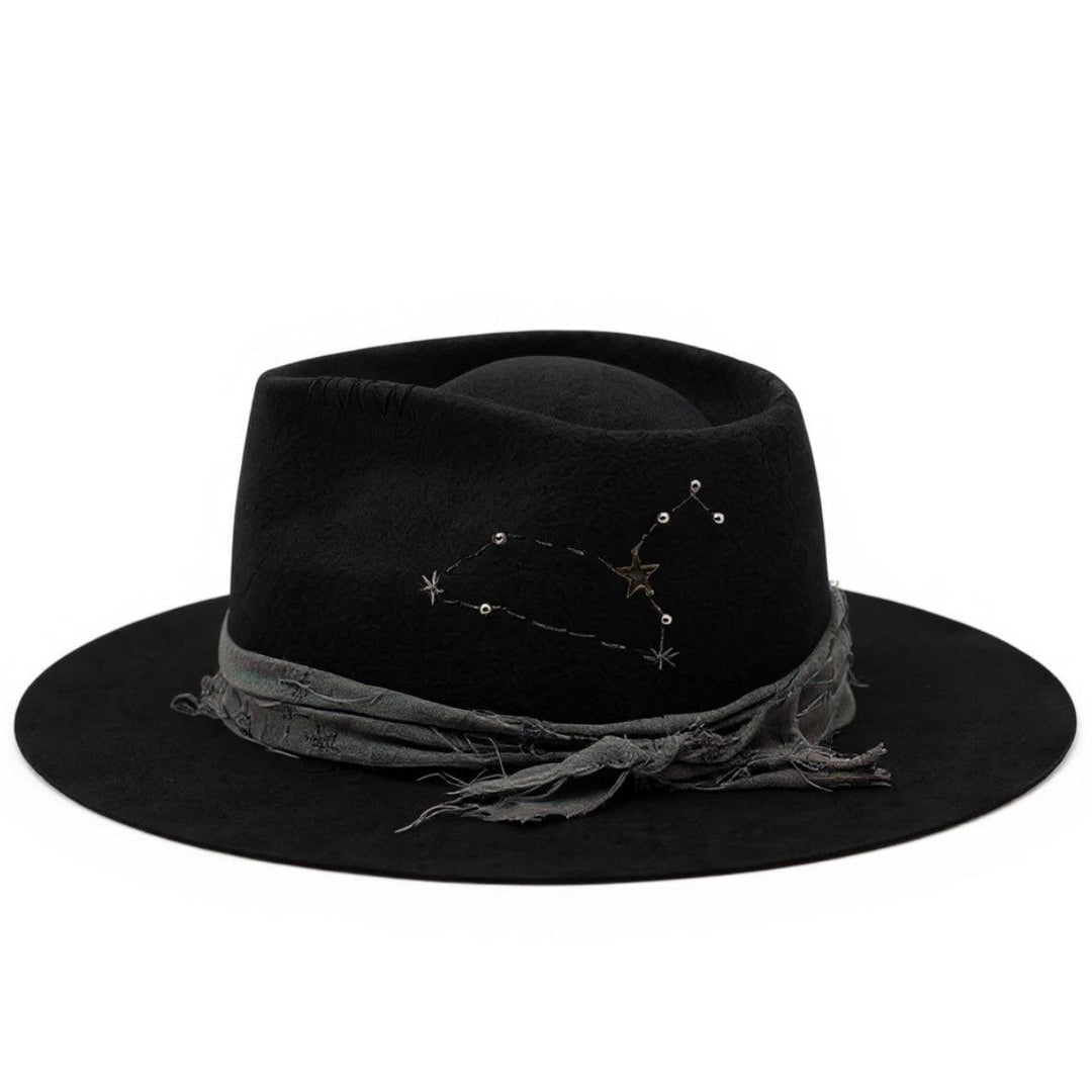 Giovannio Black Wool Fedora Hat — Star Detail Wide Brim Hat