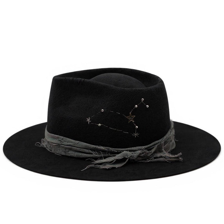 Giovannio Black Wool Fedora Hat — Star Detail Wide Brim Hat