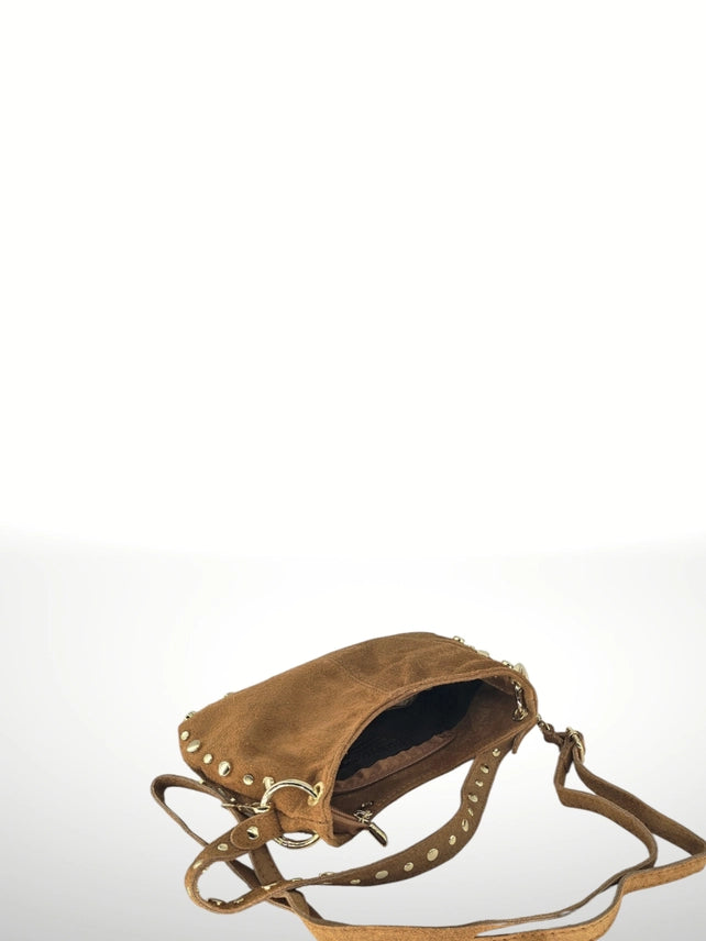 Leather Italian Bag with Studded Details on its Back, Interior Open
 