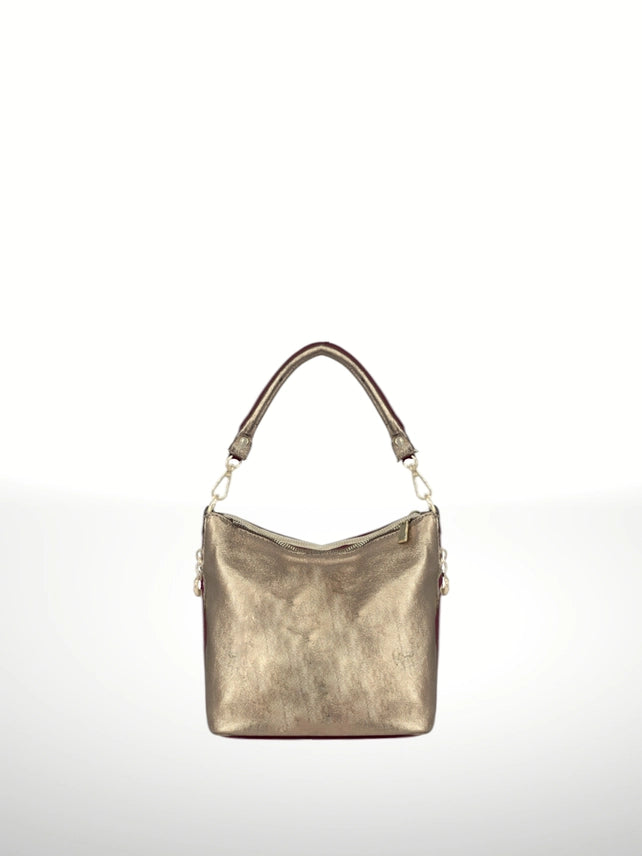 Istelia convertible Italian leather bag in bronze, front view, made in Italy