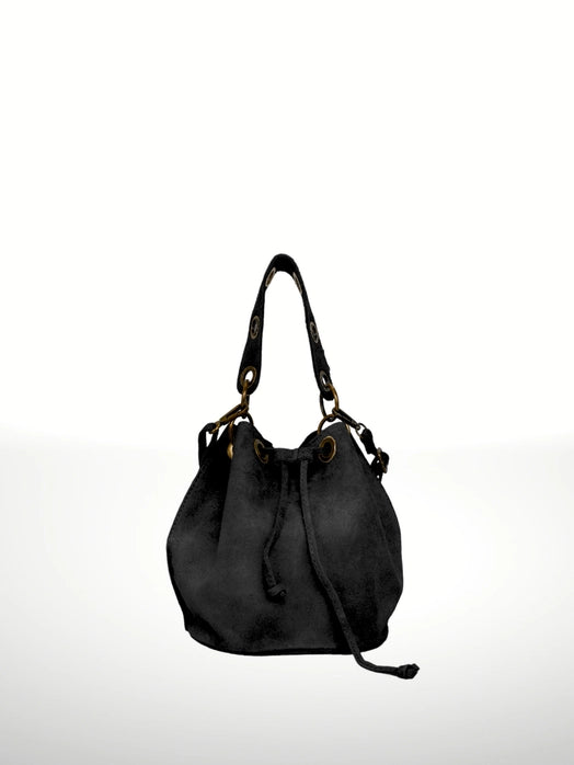 Front view of an Italian artisan suede leather bucket bag with semi-rigid silhouette and leather strap closure, handmade in Italy.
