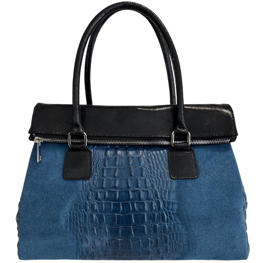 Front view of Modarno women's genuine suede handbag with top handle, made in Italy