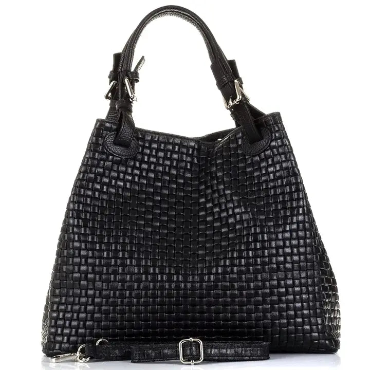 Front view of Modarno woven Italian leather handbag with top handles and elegant textured finish