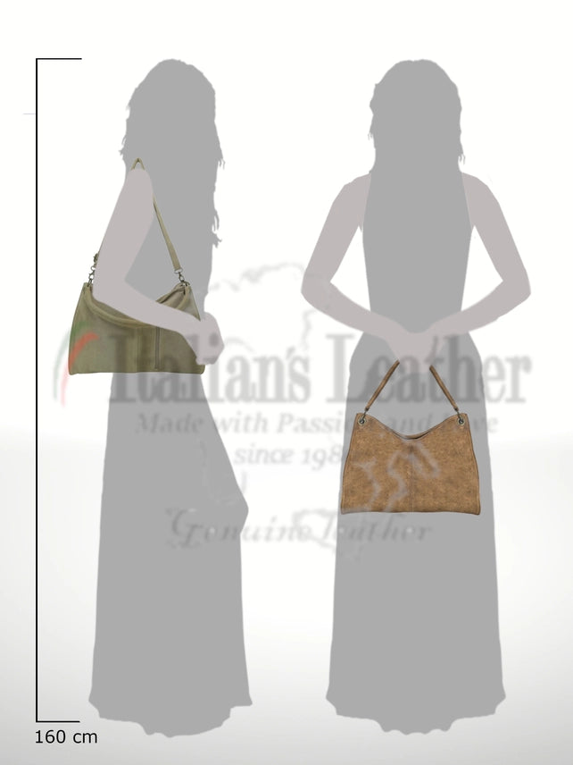 Silhouettes of a woman holding two handbags with 'Genuine Leather' branding.