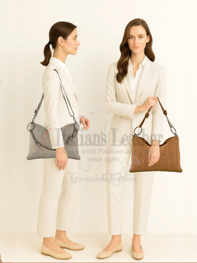 Model wearing Giada Italian suede leather hobo bag made in Italy
