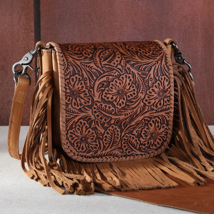 Floral Tooled Leather Crossbody - BELLISIMA HANDBAGS USA