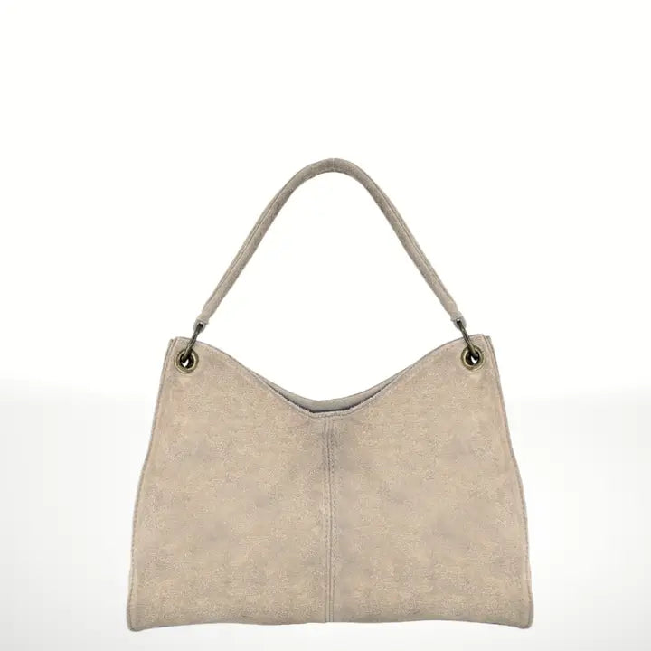 Beige handbag with a strap on a white background