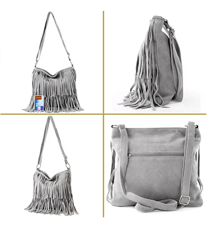 Italian Leather Fringed Shoulder Bag-Black Suede