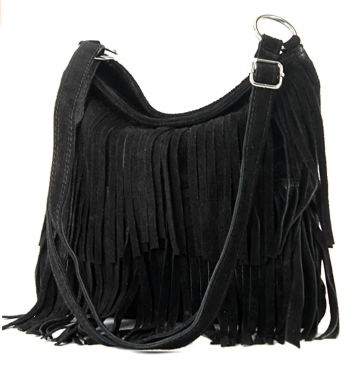 Italian Leather Fringed Shoulder Bag-Black Suede