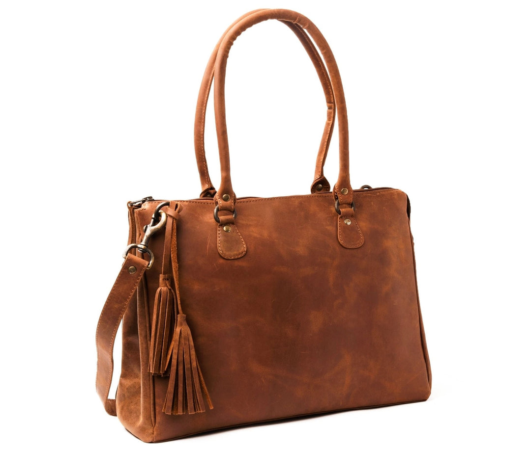 Side angle of saddle brown leather handbag – full-grain leather, style 8816-D