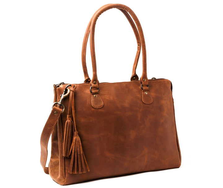 Side angle of saddle brown leather handbag – full-grain leather, style 8816-D
