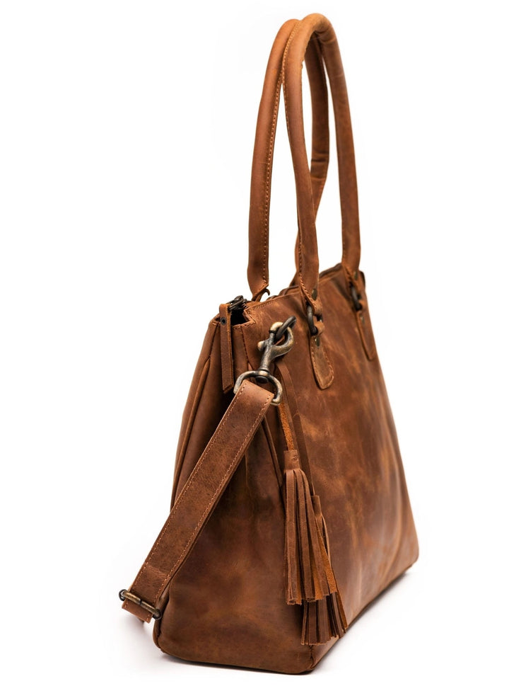 Side view of saddle brown leather handbag – full-grain leather, style 8816-D