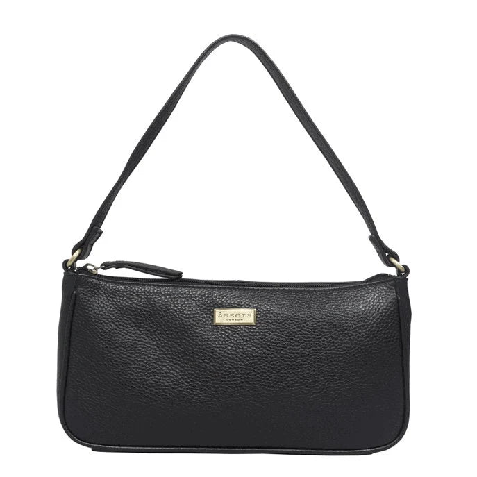 Black pebble-grain leather baguette shoulder bag with slim silhouette and zipper closure.